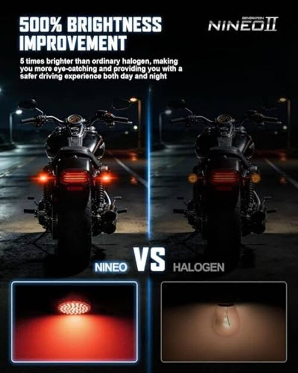Red LED turn signal bulbs on motorcycle, bright red light at night