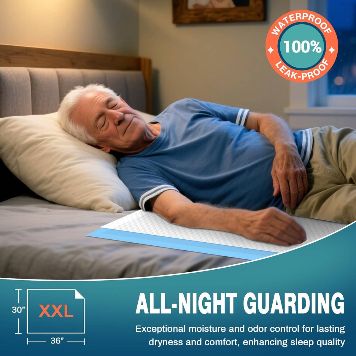 Disposable underpad on bed with waterproof, leak-proof badge; XXL size 30" x 36"
