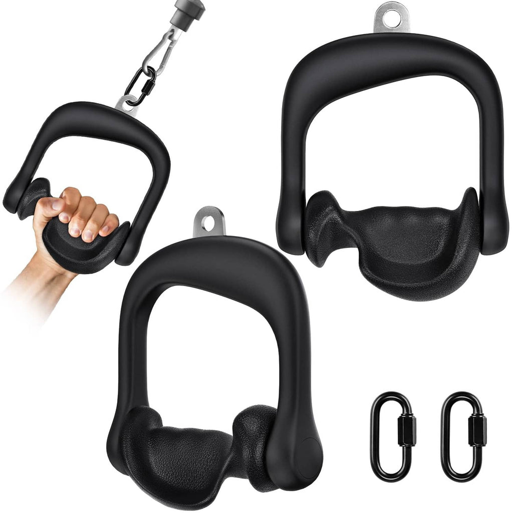Two black D-handle cable grips with textured palm pads and metal attachment holes