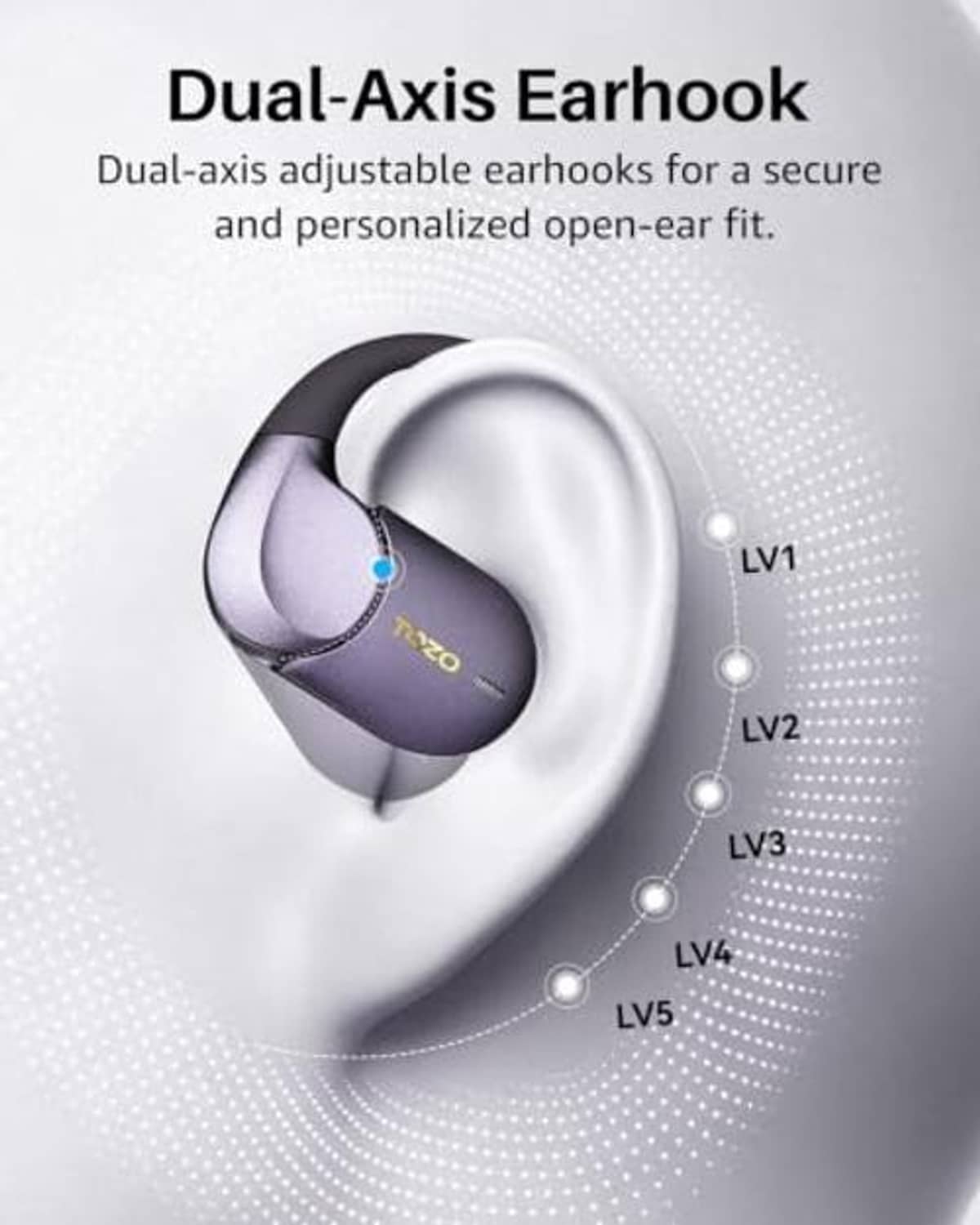 Open-ear earbuds showing dual-axis adjustable earhook for secure fit
