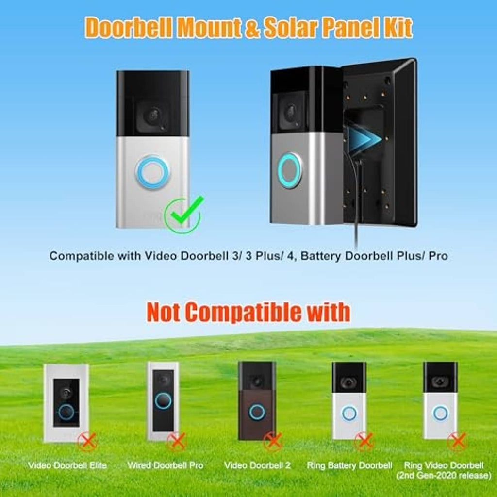 Solar panel kit with black doorbell charger mount and connected charging cable