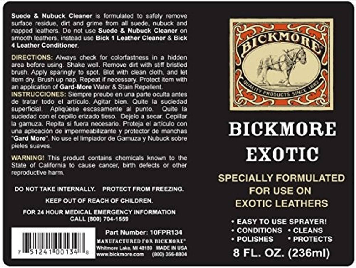 Leather spray cleaner bottle back label with usage directions and warnings