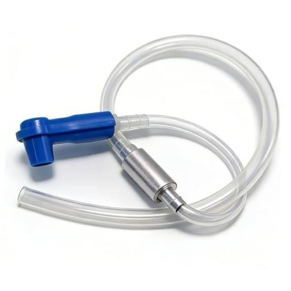 Brake bleeder kit with blue adapter, clear hose, and one-way check valve