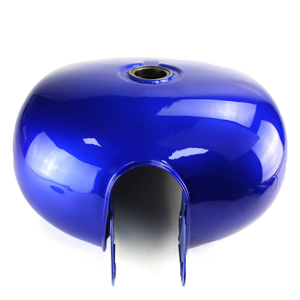 Blue fuel tank end view with fuel cap opening and two mounting tabs