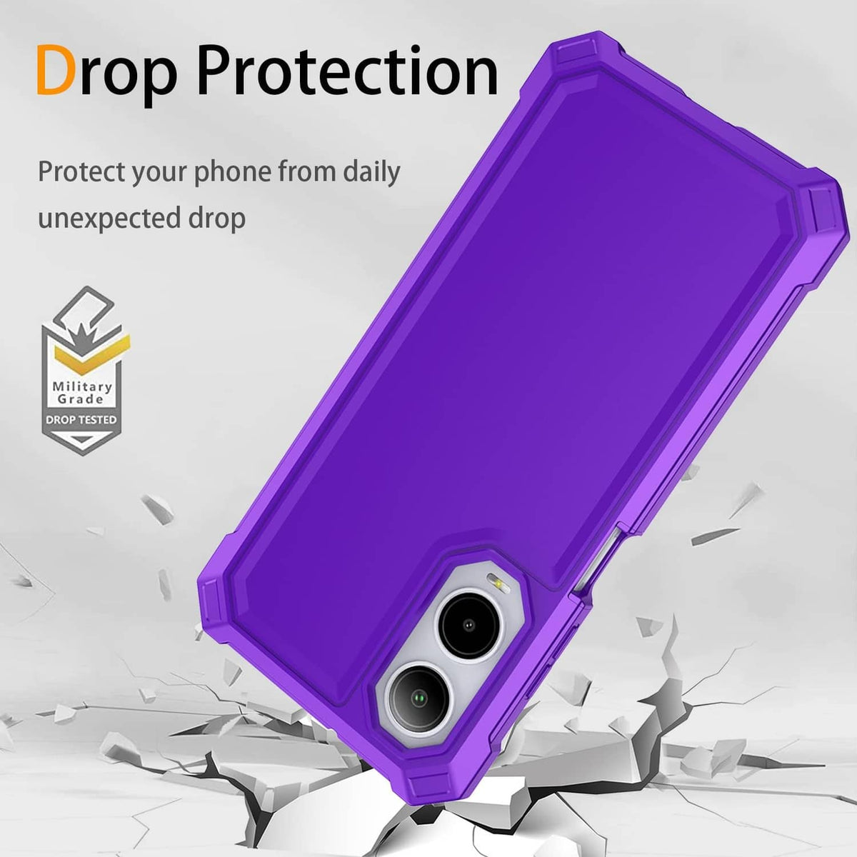 Purple drop-protection phone case with thick corners and dual camera opening