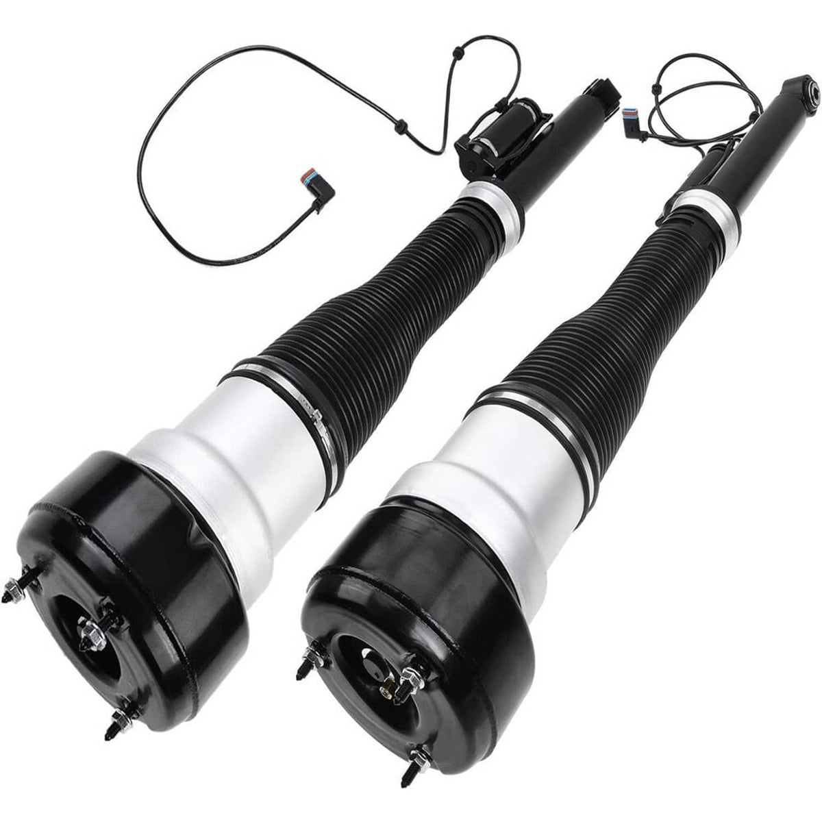 Pair of rear air suspension struts with black rubber mounts and coiled spring covers
