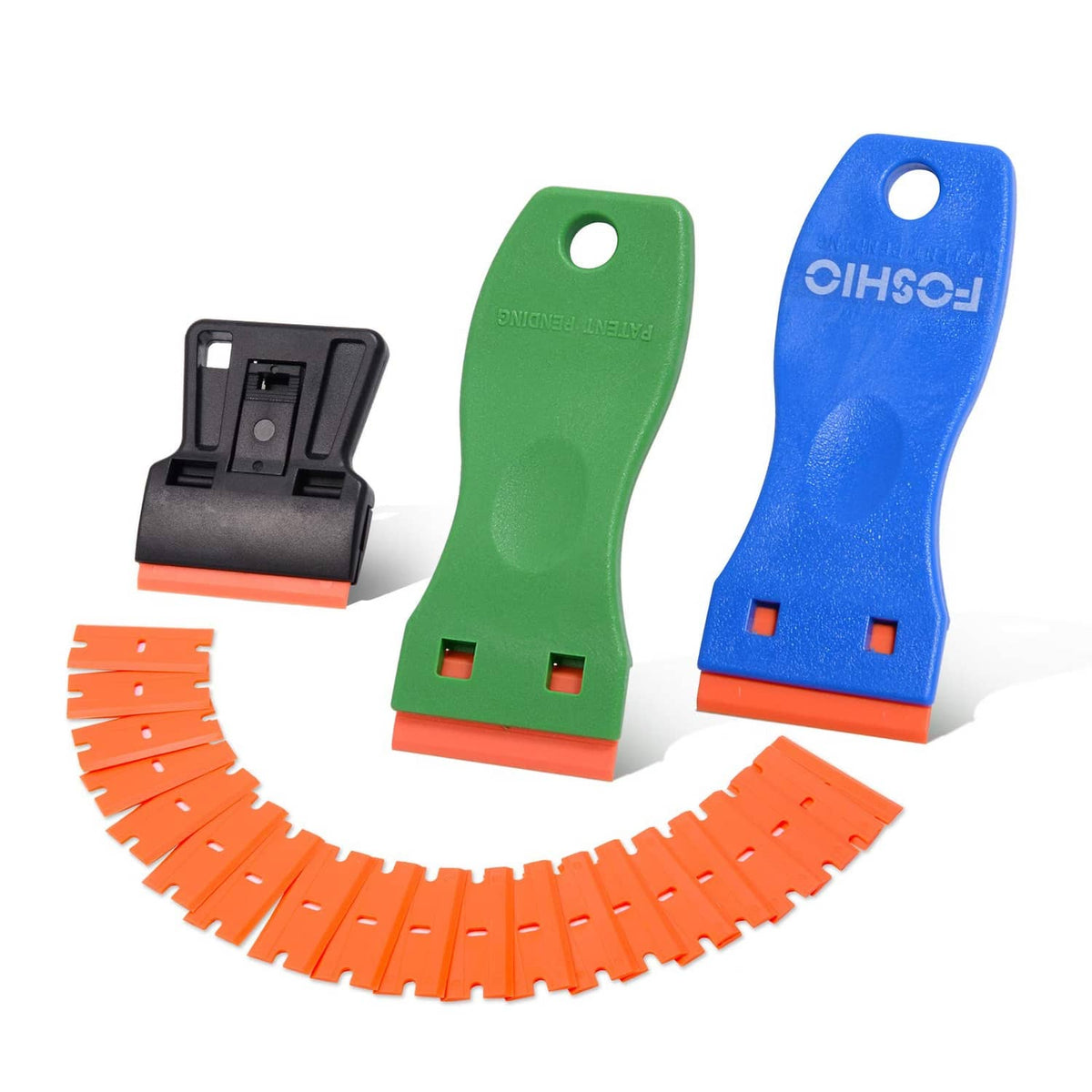 Plastic razor blade scraper insert set with orange, green, and blue holders