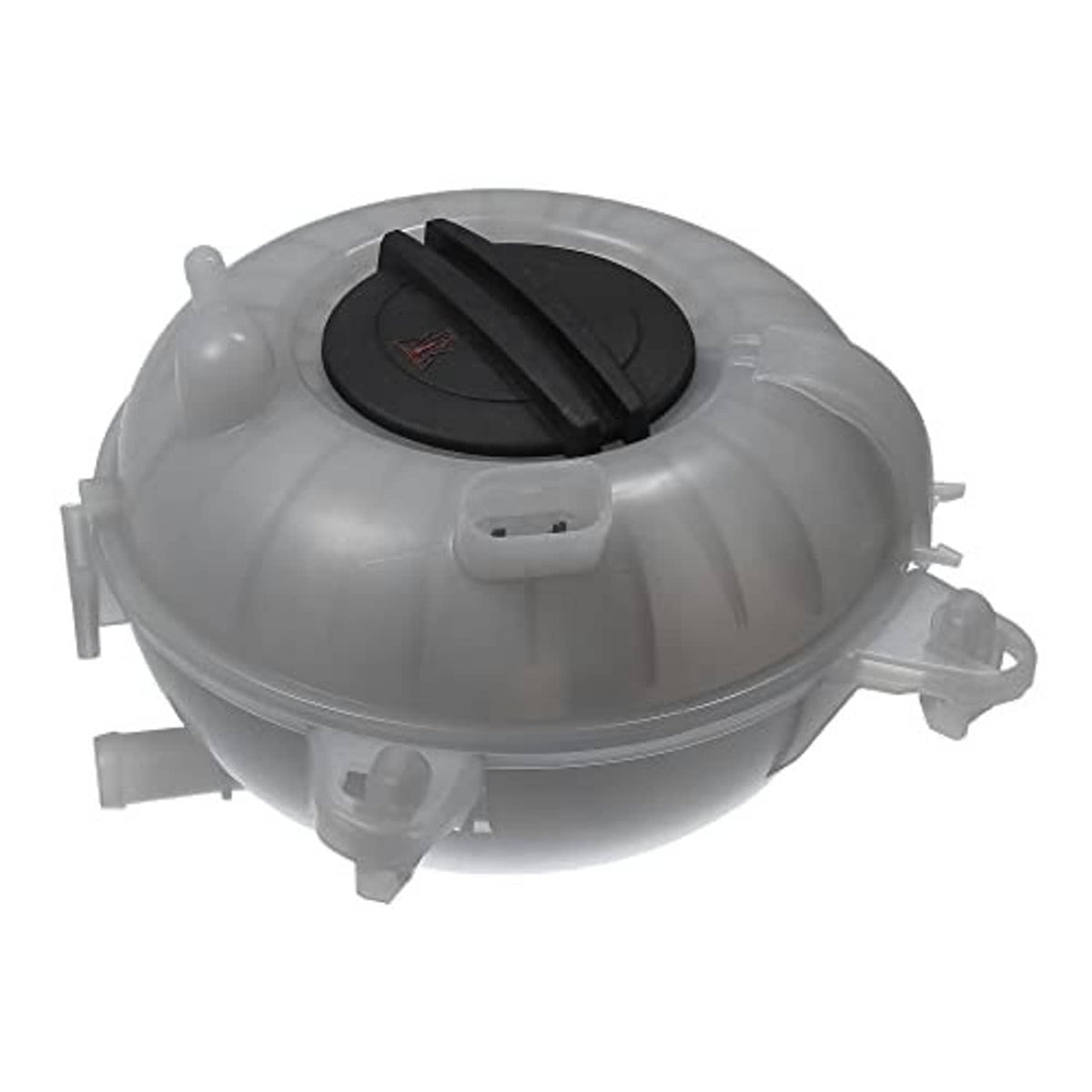 Coolant expansion reservoir tank with molded outlets and black cap on top