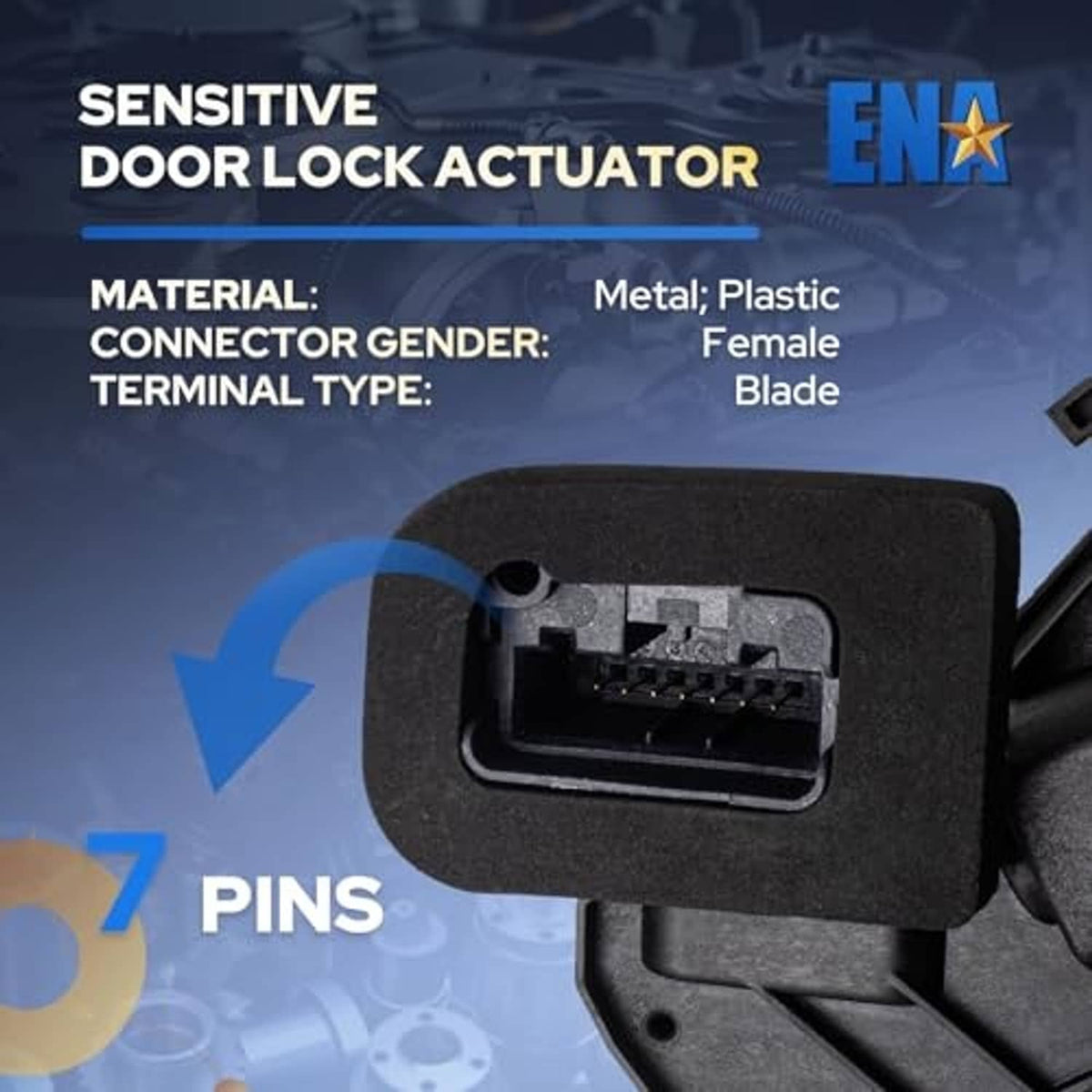 Black door lock actuator with blade terminals and multi-pin connector