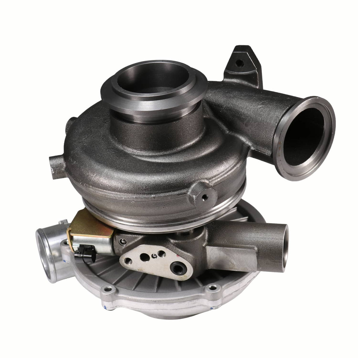 Turbocharger with black/gray housing, oil line bracket, and twin outlet ports