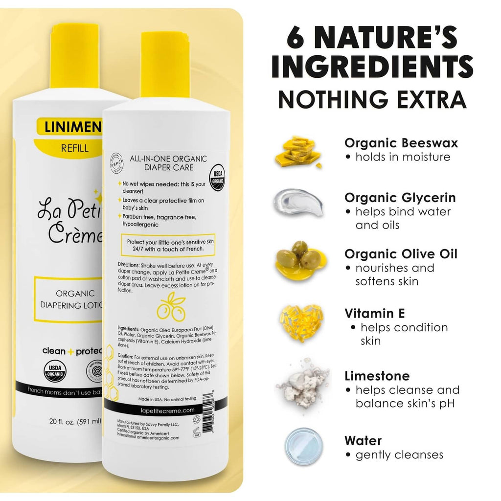 La Petite Creme French diapering lotion refill labels on white bottles with yellow caps