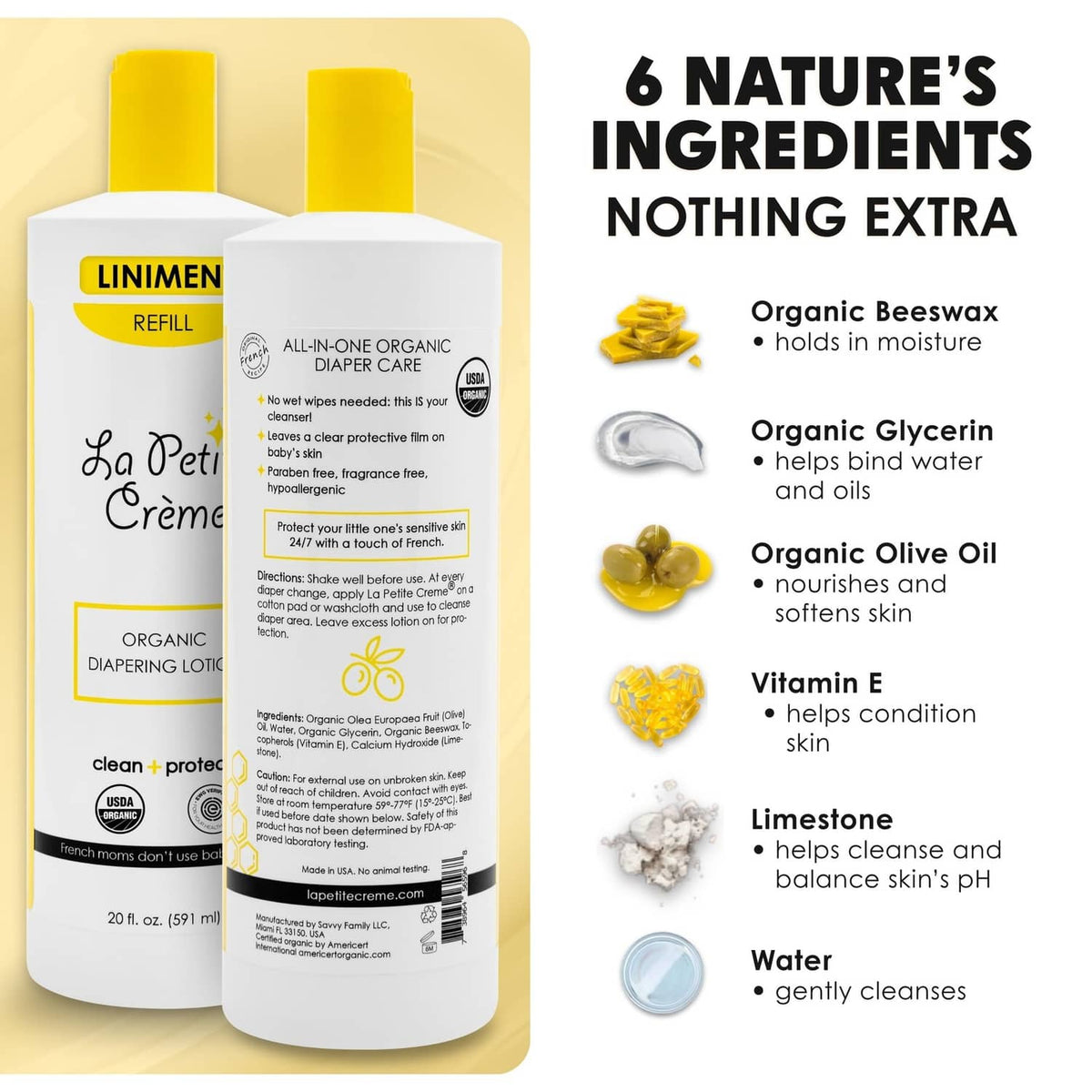 La Petite Creme French diapering lotion refill labels on white bottles with yellow caps