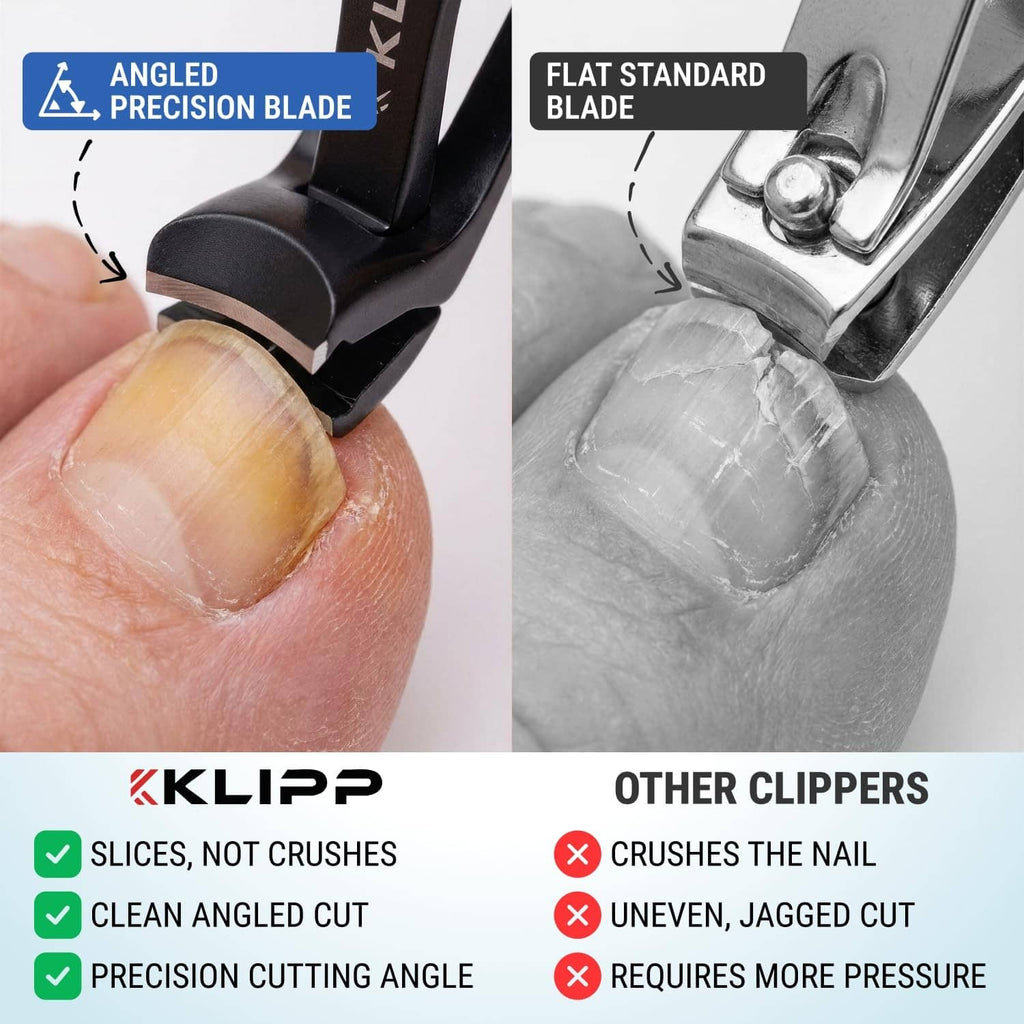 Black KLIPP toenail clipper angled blade detail for clean precision cuts