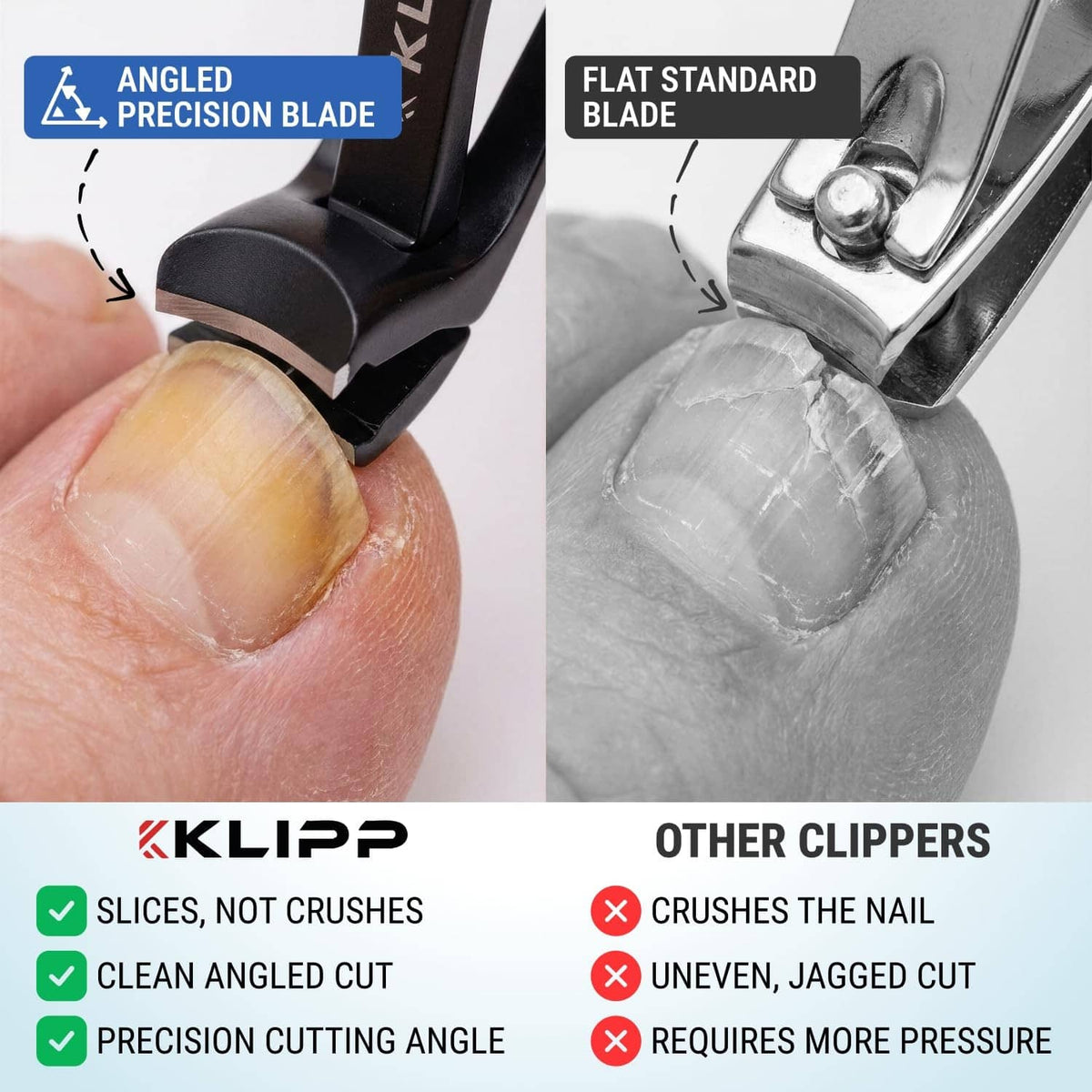 Black KLIPP toenail clipper angled blade detail for clean precision cuts