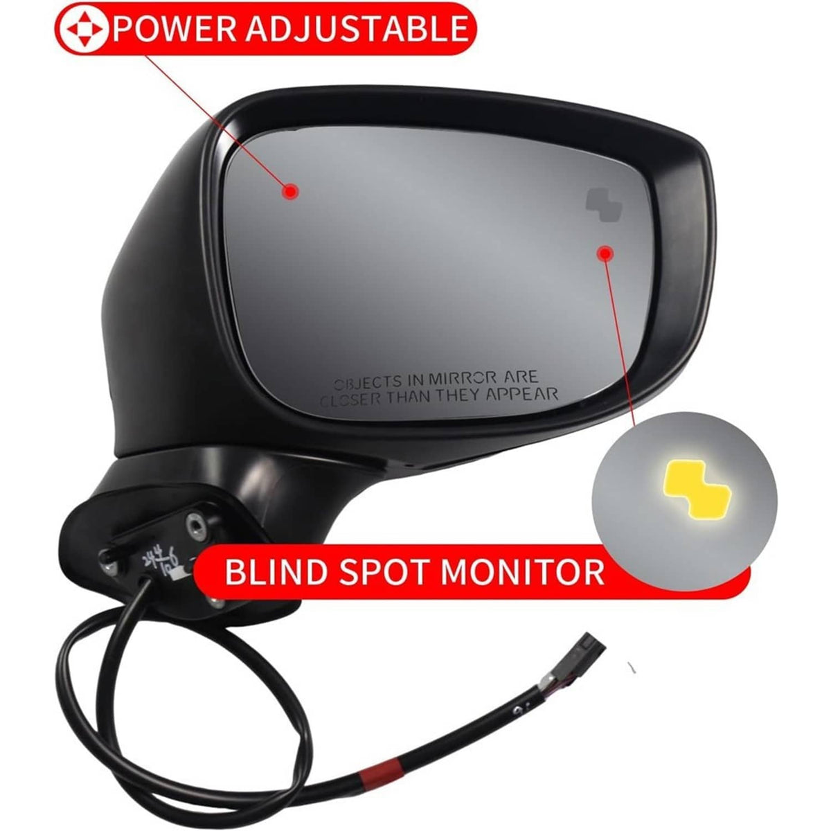Power-adjustable side mirror with blind-spot monitor housing and wire lead