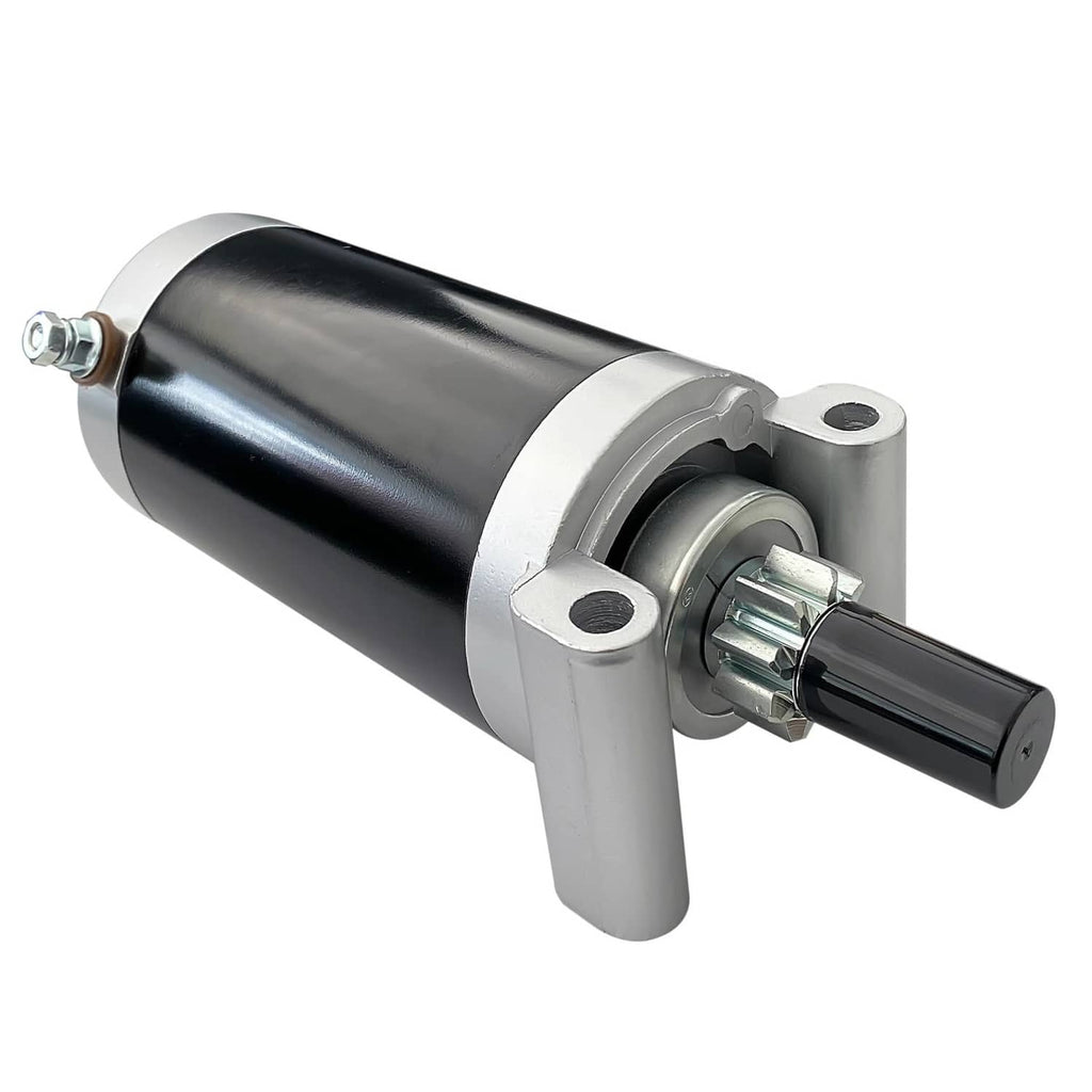 Black and silver lawn mower starter motor with mounting bracket and electrical terminal