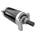 Black and silver lawn mower starter motor with mounting bracket and electrical terminal