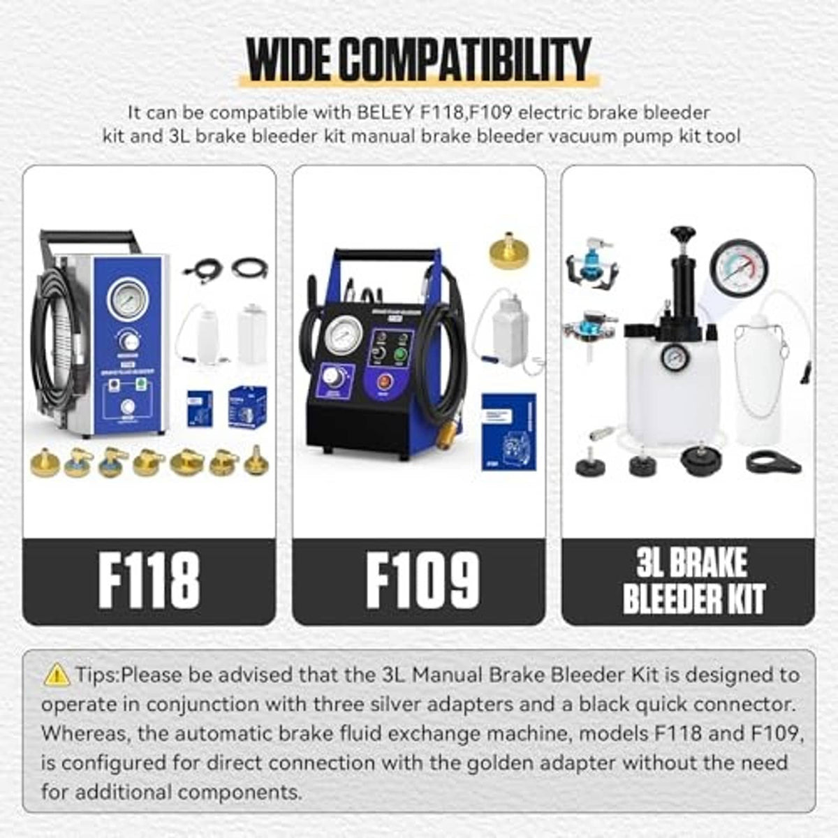 Brake bleeder kit with vacuum pump and gauge, shown with numbered compatibility adapters