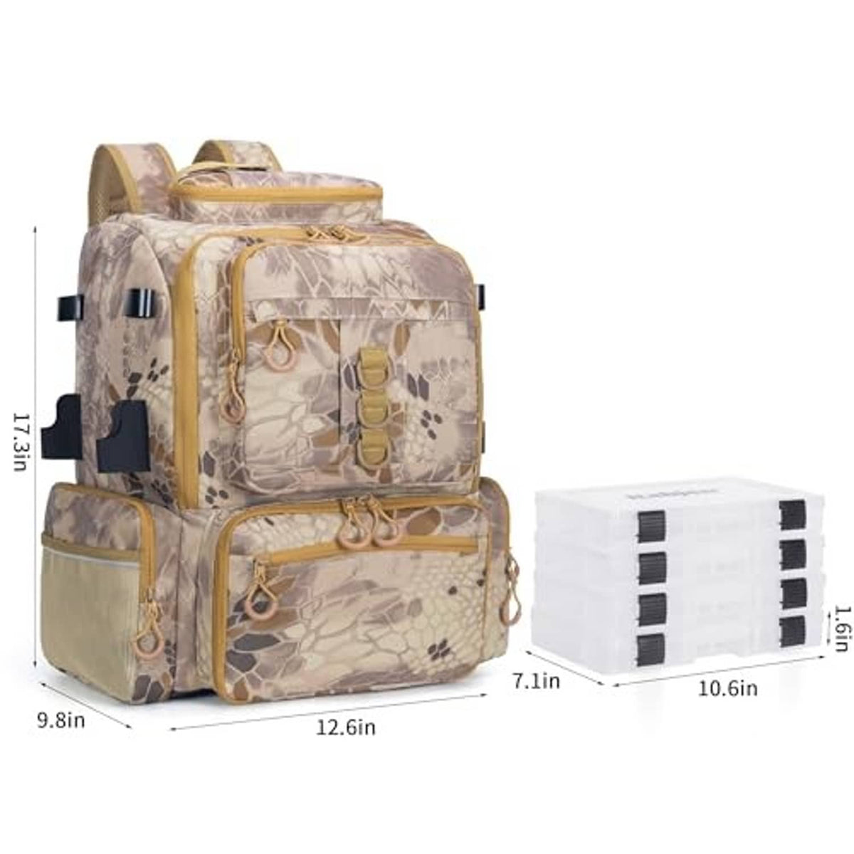 Khaki camo fishing tackle backpack with included white tackle boxes and compact size