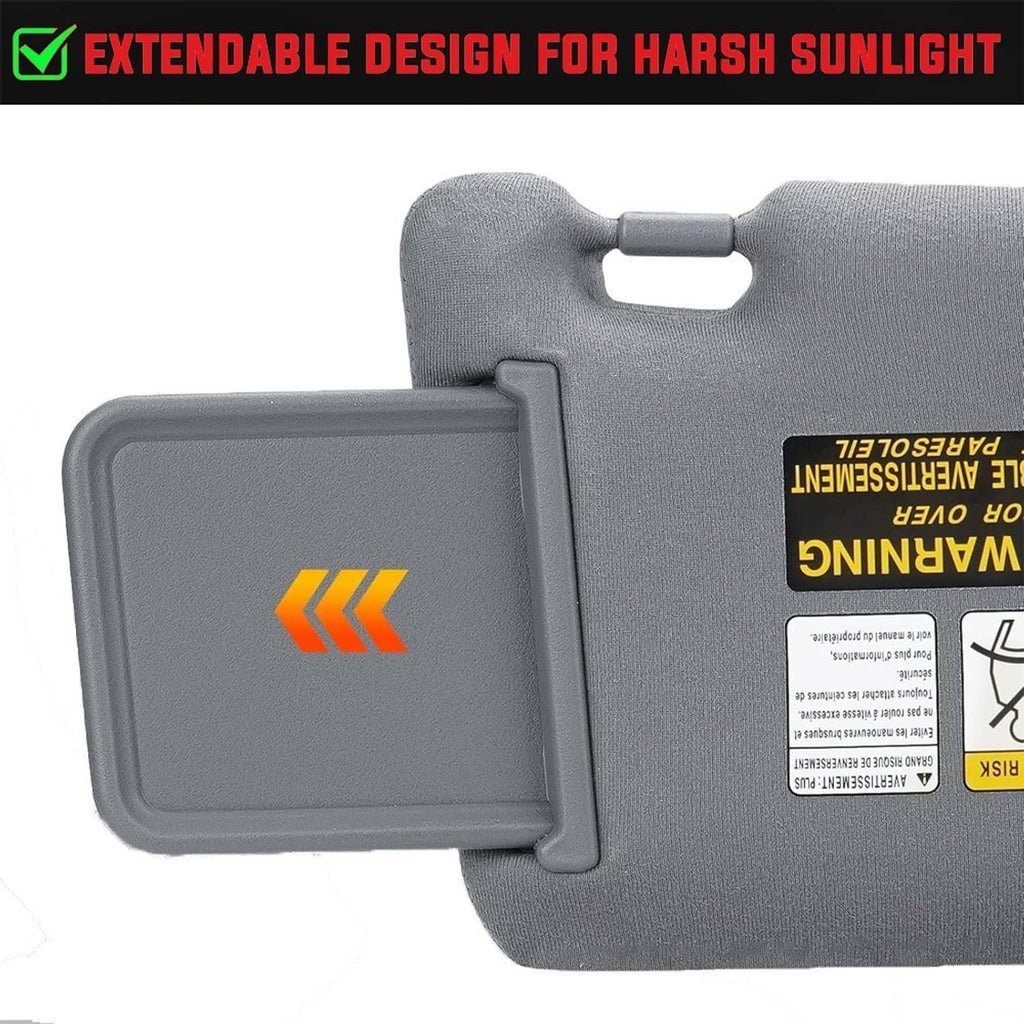 Gray sun visor with extendable panel and flip-down mirror cover, close-up view.