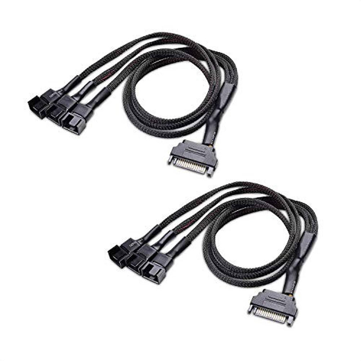 Two-pack fan splitter cable set with SATA and adapter ends, braided black