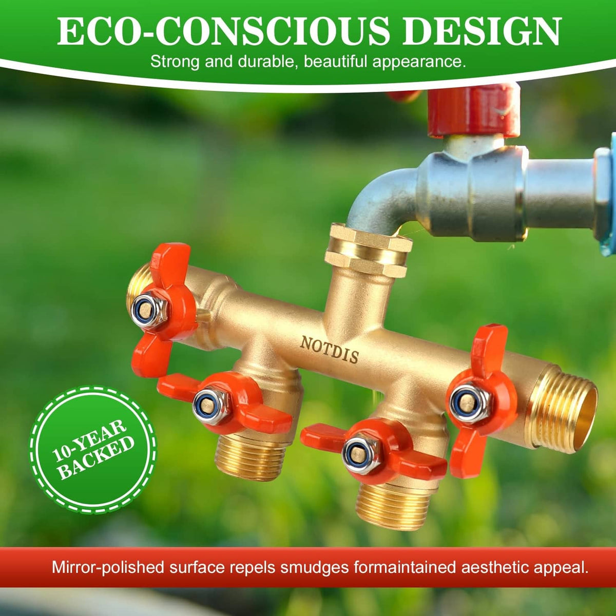 Brass 4-way hose splitter with orange lever valves and threaded hose ports, close-up
