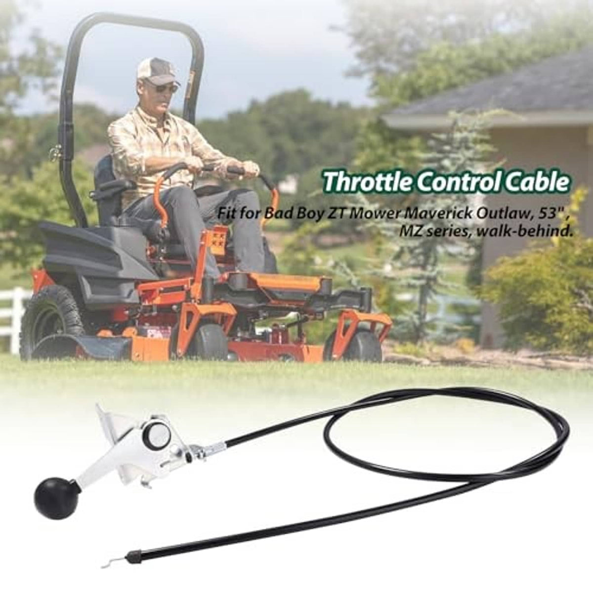 Throttle control cable with black sheath and silver control lever, black knob