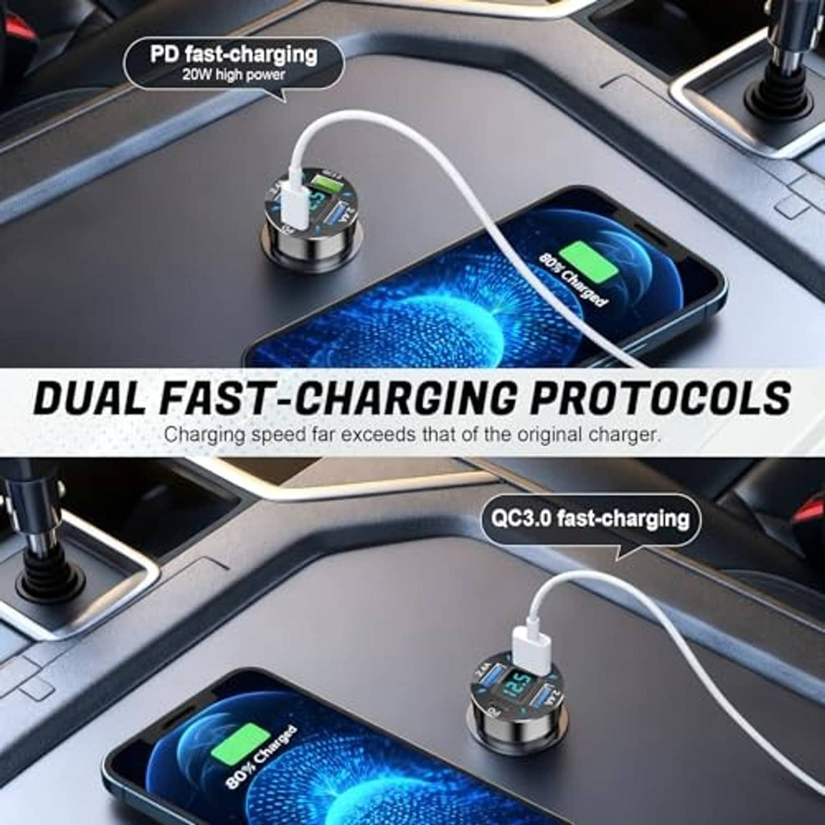 Black 4-port car charger adapter with LED display and charging cable connected