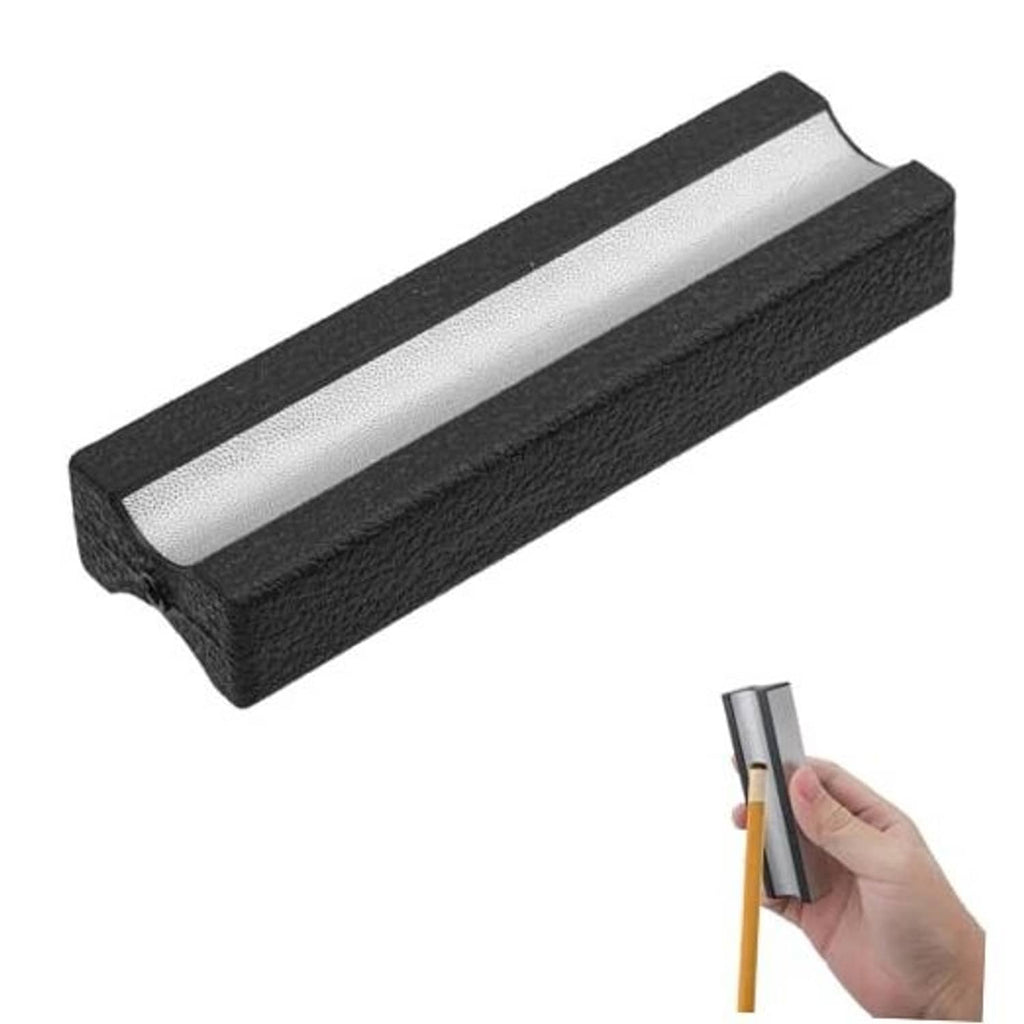 Pool cue tip shaper and repair tool, black textured body with silver metal grinding strip