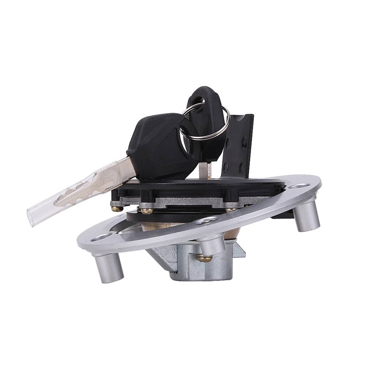 Fuel tank cap lock switch with two keys and metal base plate