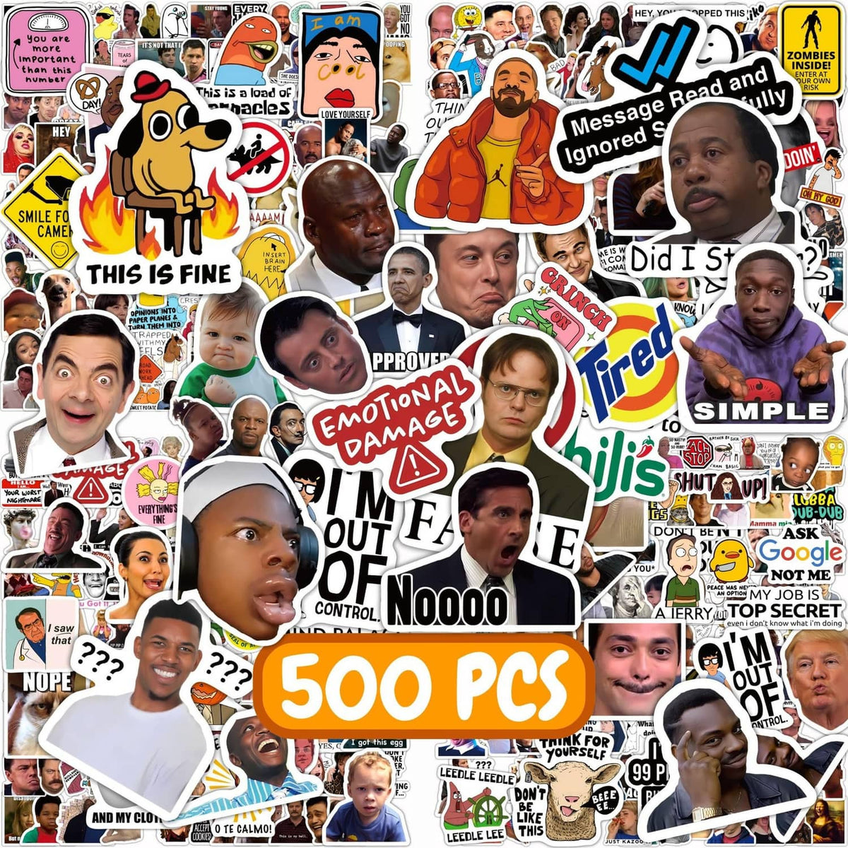 Sheet of 500 colorful meme stickers with varied faces, text, and icons in white borders