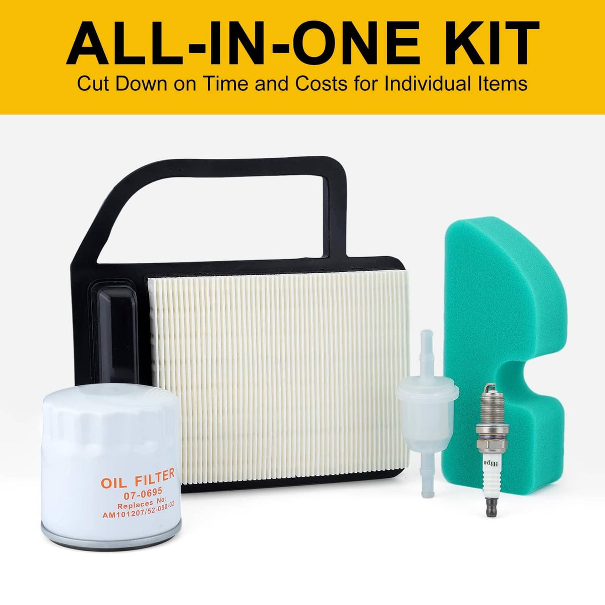 Air filter kit set with pleated paper filter, green foam, small fuel filter, and spark plug