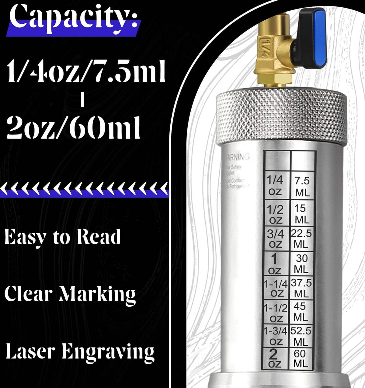 Oil dye injector cylinder with blue cap and clear measurement scale on metal body