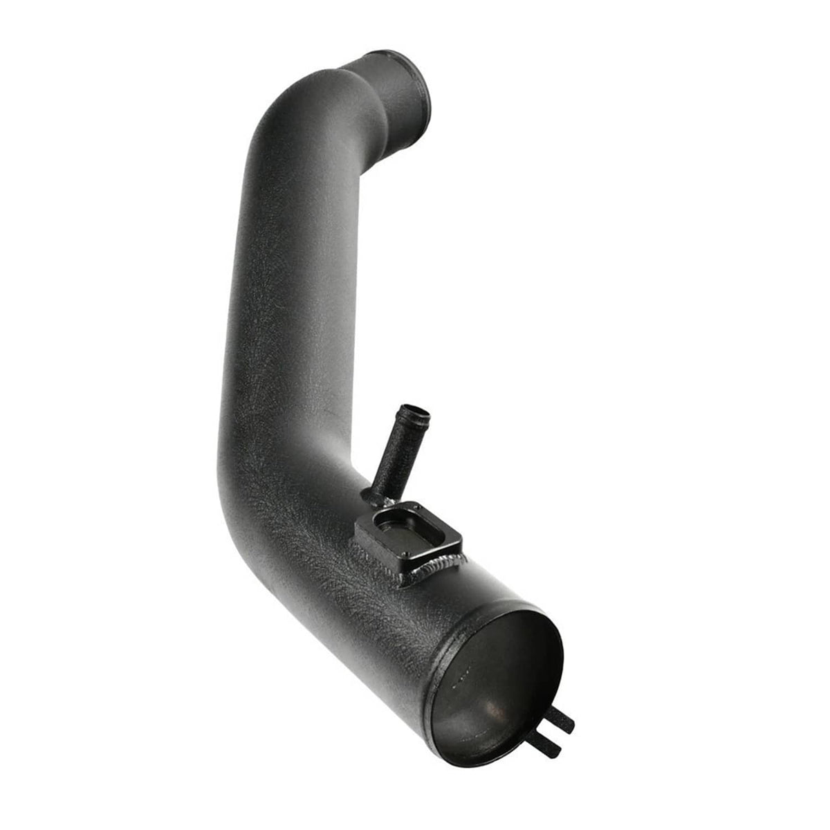 Curved black intake pipe with flared inlet and mounting strap