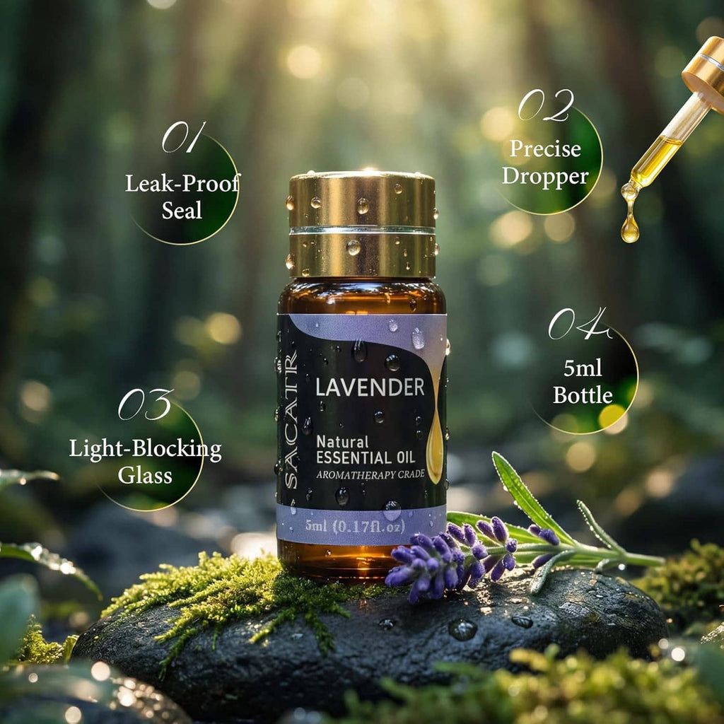 Lavender essential oil bottle with gold dropper on stone, with flowers and droplets