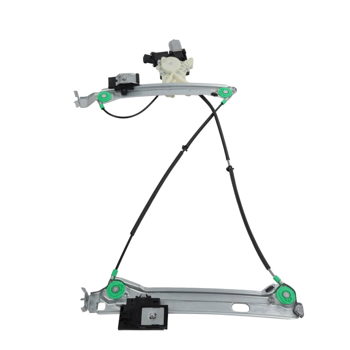 Power window regulator and motor assembly with top lift motor and lower mounting bar