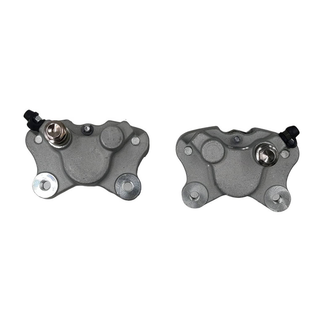 Front brake caliper with pads, gray cast housing, front mounting bolts