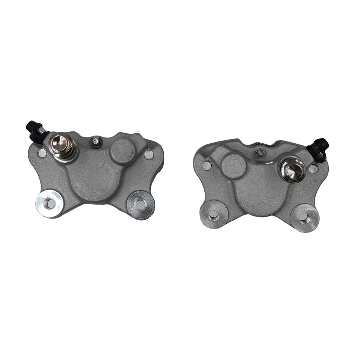 Front brake caliper with pads, gray cast housing, front mounting bolts