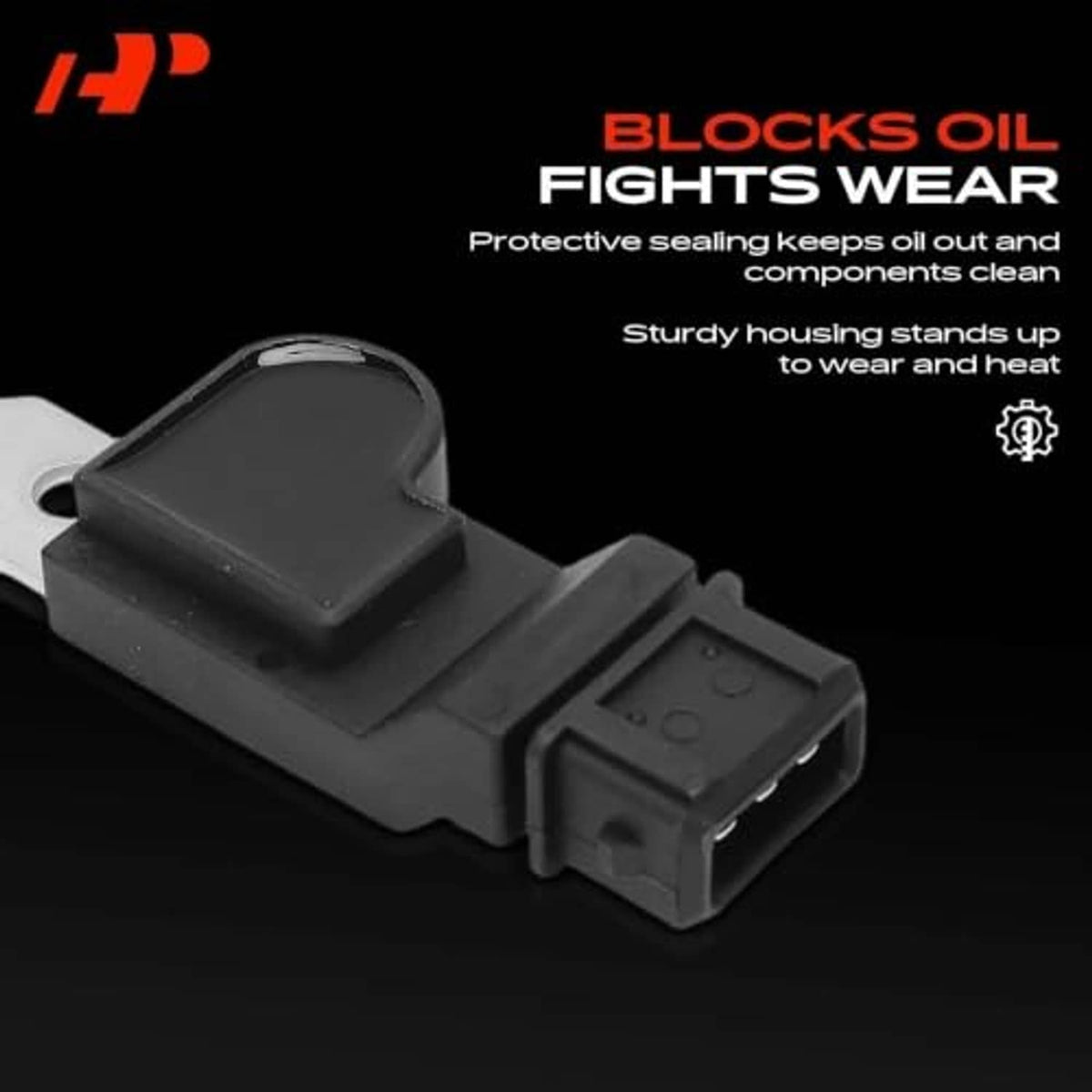 Camshaft position sensor with protective black housing and mounting tabs