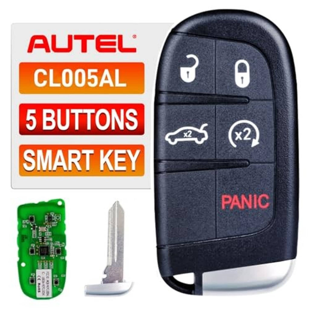 Black 5-button smart key fob with unlock, lock, trunk, remote start, and panic buttons