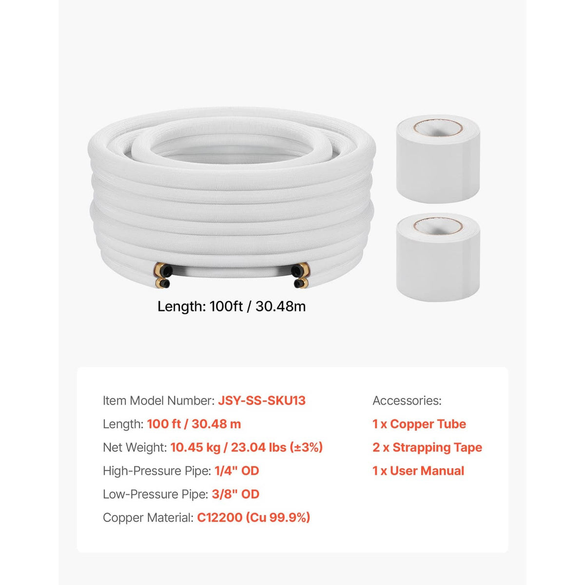 100 ft mini split line set coil with white insulation, copper tubing, and end caps