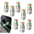 Set of silver tire valve stem caps with clear colored indicator windows, 8-pack