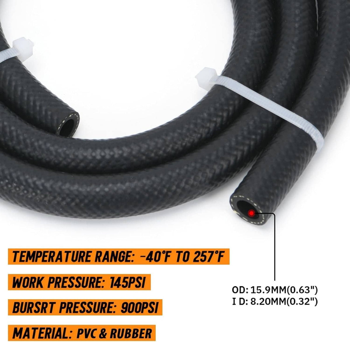 Black rubber oil cooler hoses with hose ends and clamps, with port detail