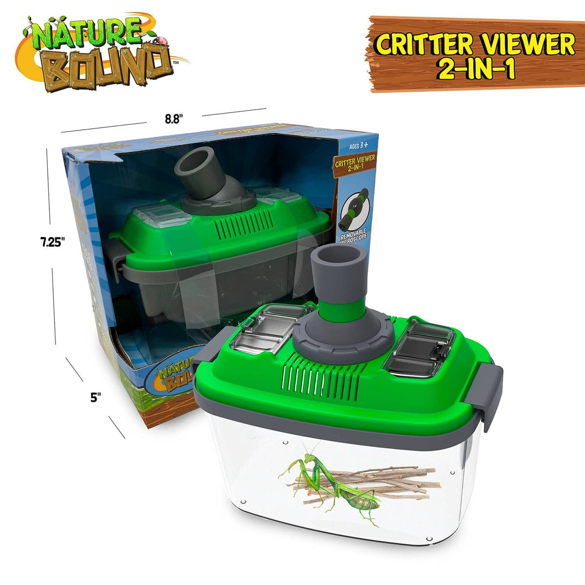 Packaged 2-in-1 critter viewer habitat kit with microscope on clear specimen container
