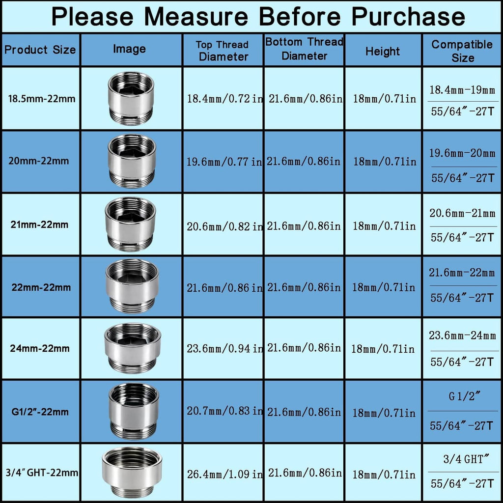 Faucet adapter size chart showing thread diameters and height measurements