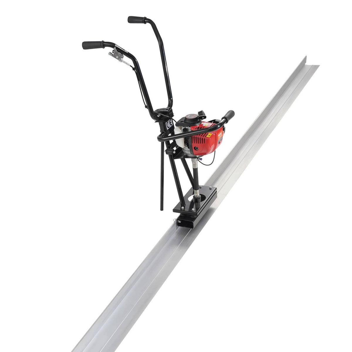 Gas concrete float screed machine with red engine and long aluminum blade rails
