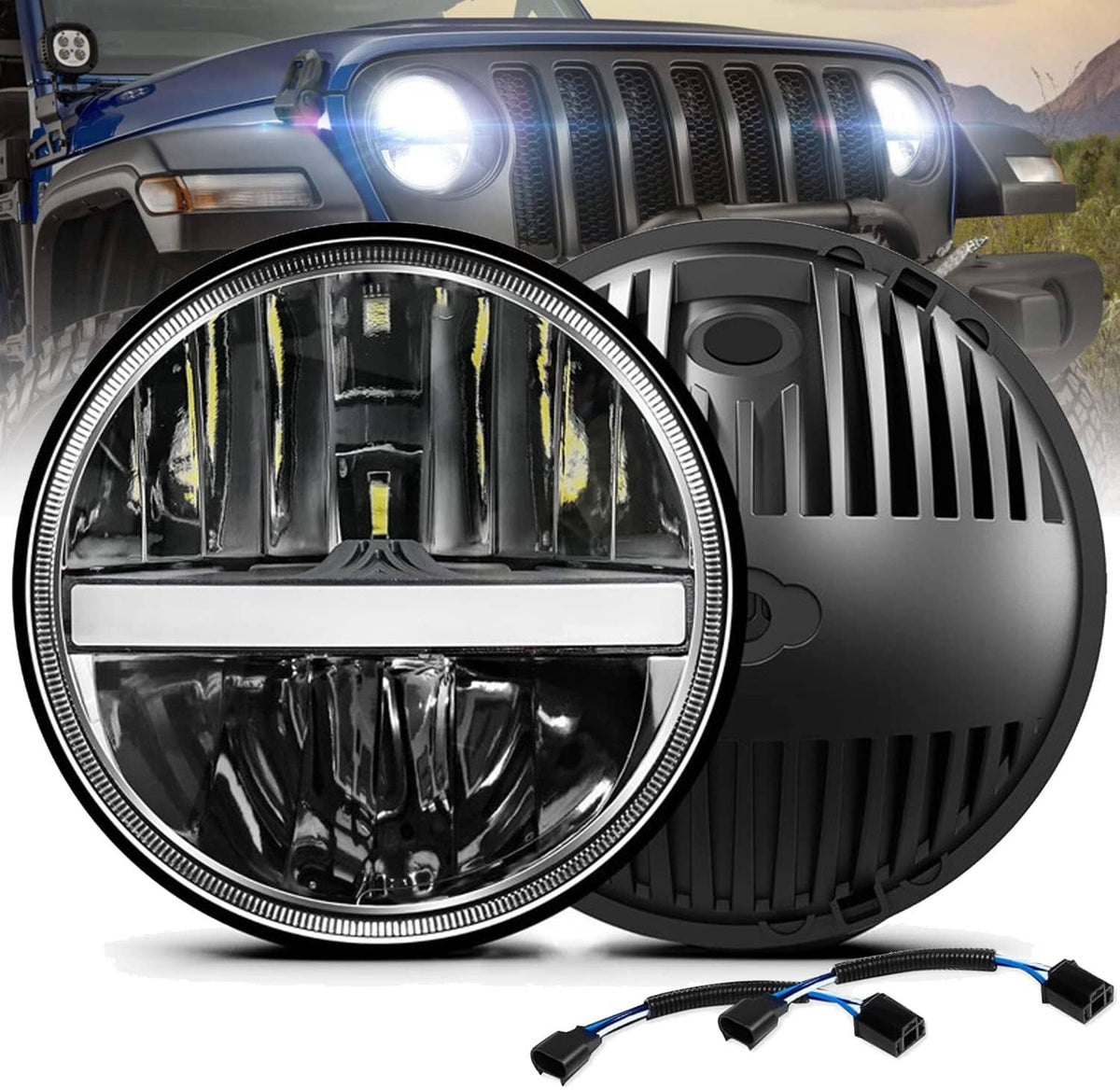 Round halo LED headlight with chrome bezel and bright projector-style lens, front view