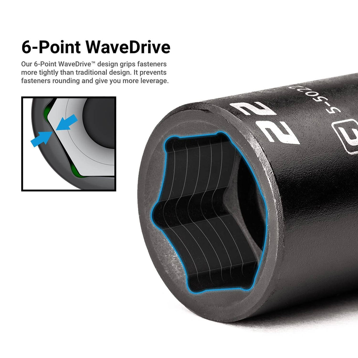 Stubby impact socket tip with 6-point WaveDrive interior, dark body, blue outline