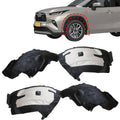 Front and passenger-side fender liners set, black and white plastic with molded contours