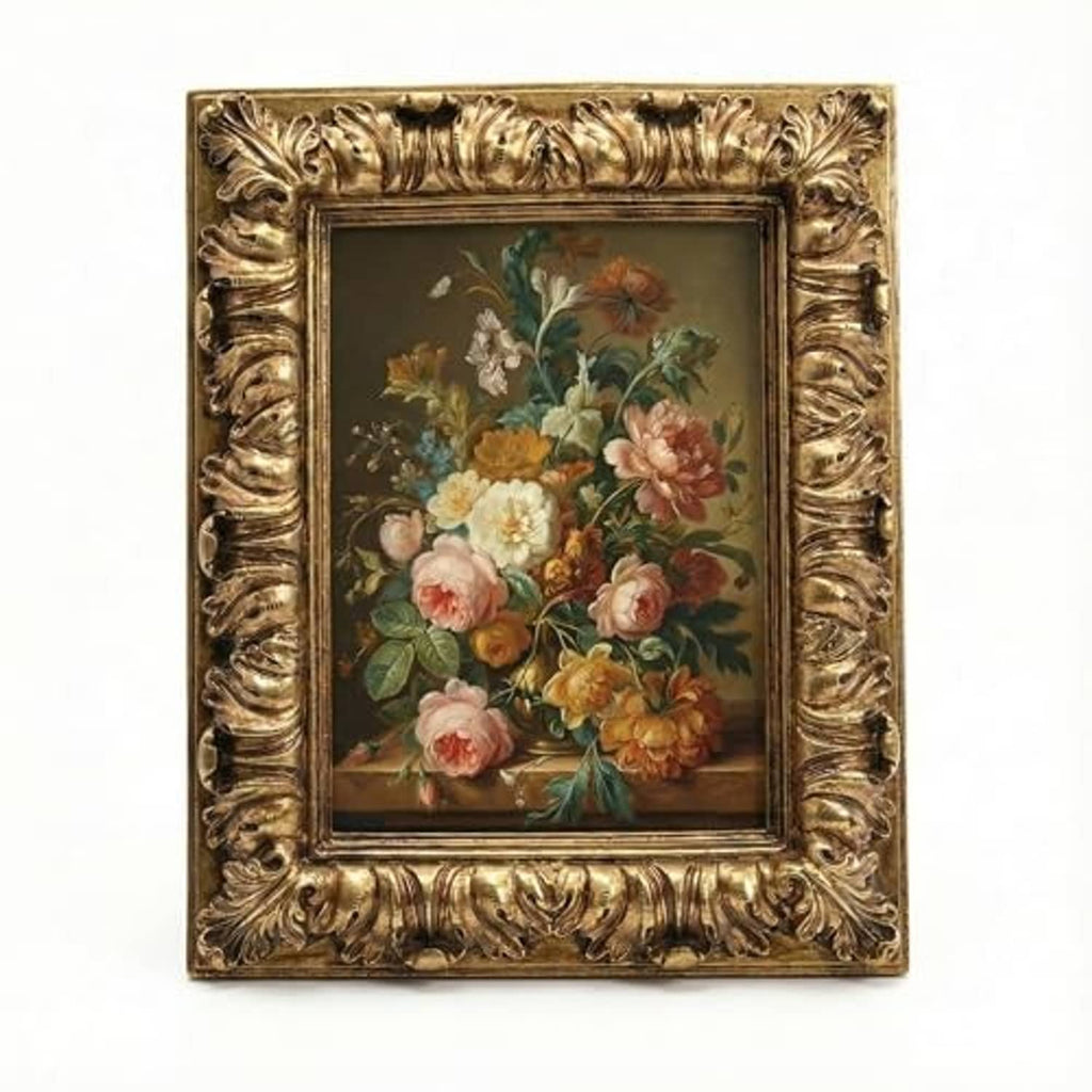 Ornate antique gold photo frame with floral bouquet print